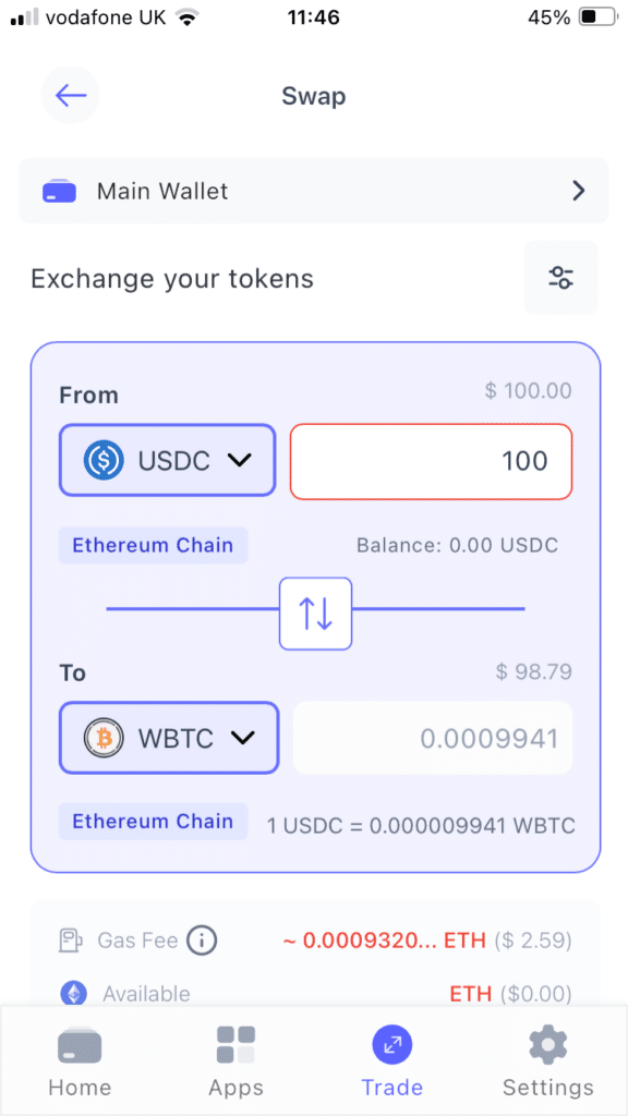 Swap USDC and WBTC on the Best Wallet Web3 wallet app.