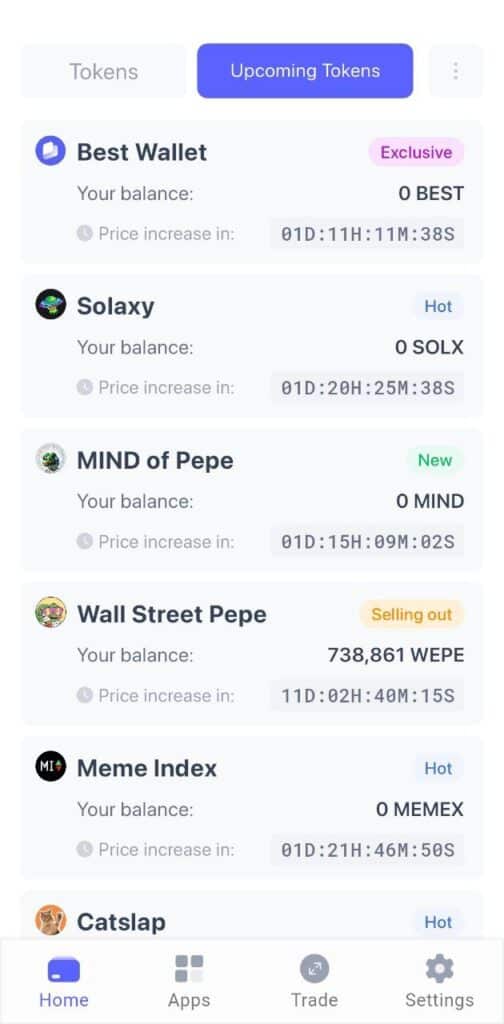 Find upcoming tokens on Best Wallet Web3 wallet