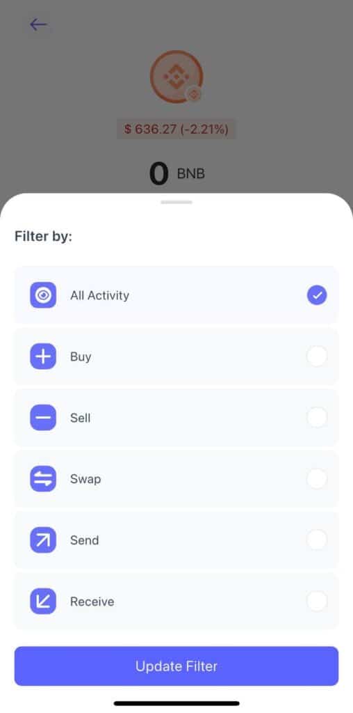 Best Wallet main menu with filters.