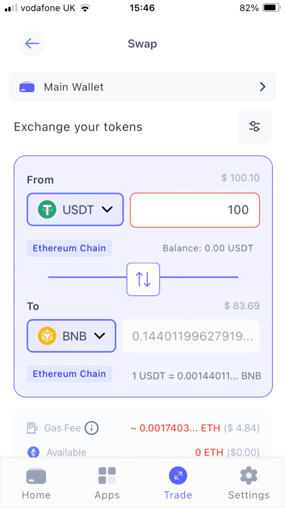 Exchange USDT:BNB for gambling on Best Wallet